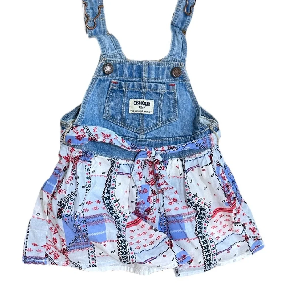 OshKosh B'gosh Red White Blue Denim Bandana Patchwork Overalls Dress Baby Girl